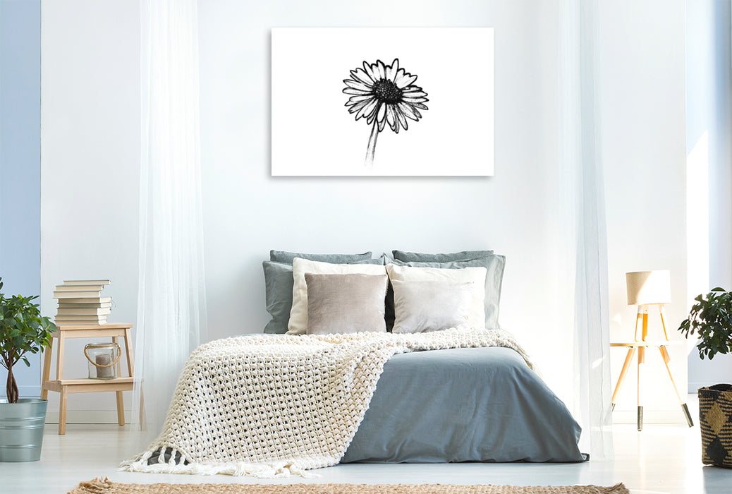 Toile textile haut de gamme Toile textile haut de gamme 120 cm x 80 cm paysage marguerites en noir et blanc. 
