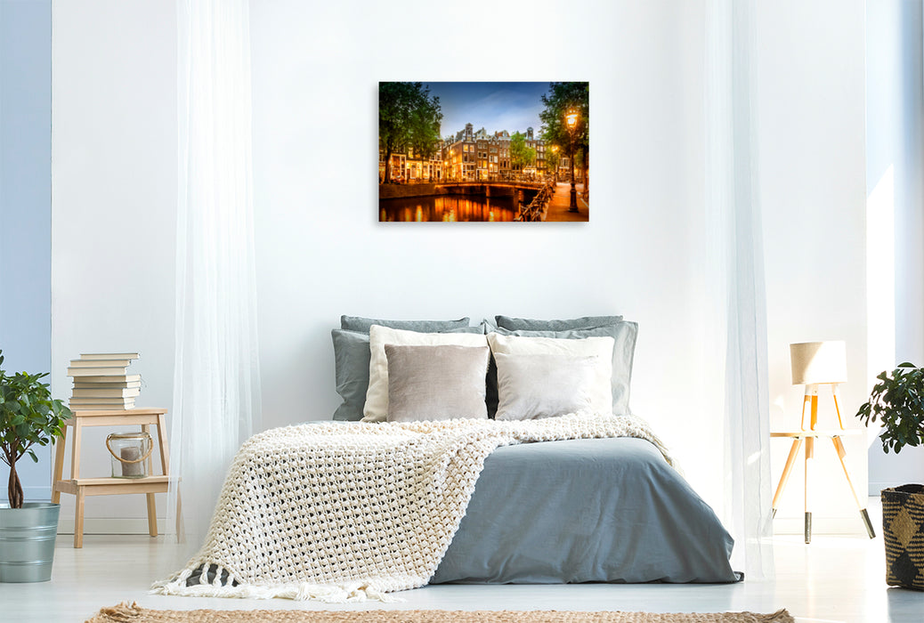 Toile textile haut de gamme Toile textile haut de gamme 120 cm x 80 cm paysage AMSTERDAM soirée idylle sur le Singel 