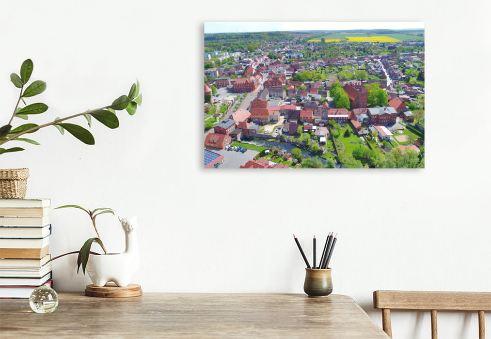 Premium textile canvas Premium textile canvas 120 cm x 80 cm landscape Lübz - old town panorama 