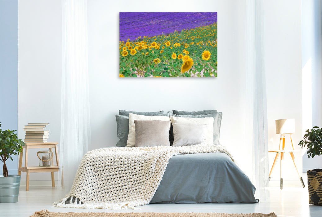 Premium Textil-Leinwand Premium Textil-Leinwand 120 cm x 80 cm quer Sonnenblumen mit Lavendel