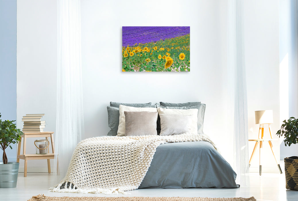 Premium Textil-Leinwand Premium Textil-Leinwand 120 cm x 80 cm quer Sonnenblumen mit Lavendel