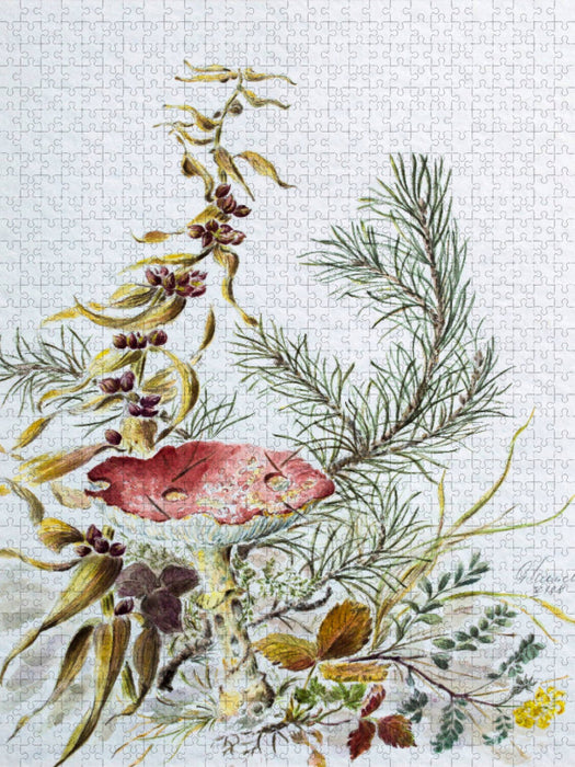 Wilde Feuerlilie, Fliegenpilz, Latschenzweig, Erdbeerblätter, Hufeisenklee - CALVENDO Foto-Puzzle'