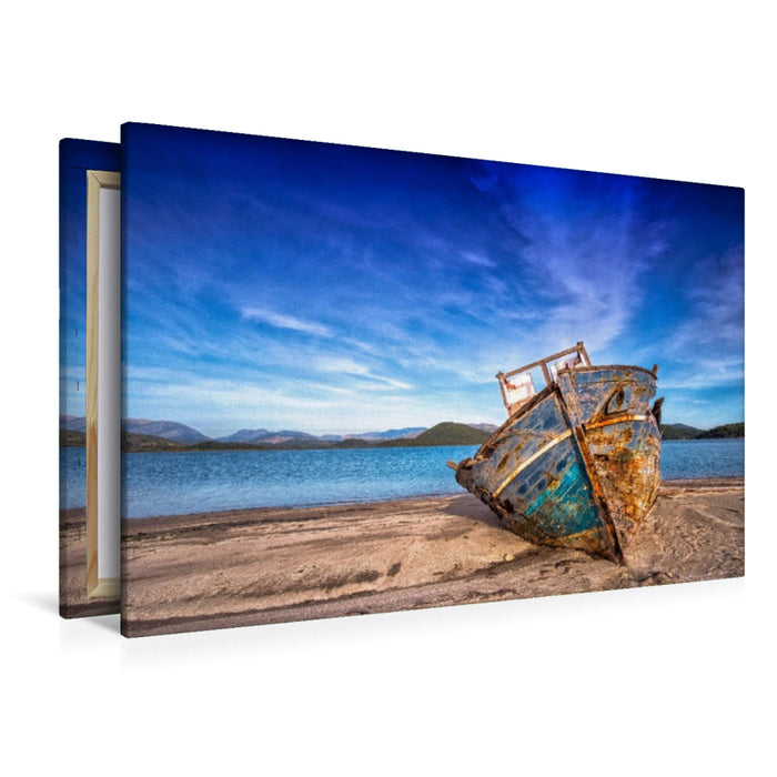 Premium Textil-Leinwand Fischerboot am Strand