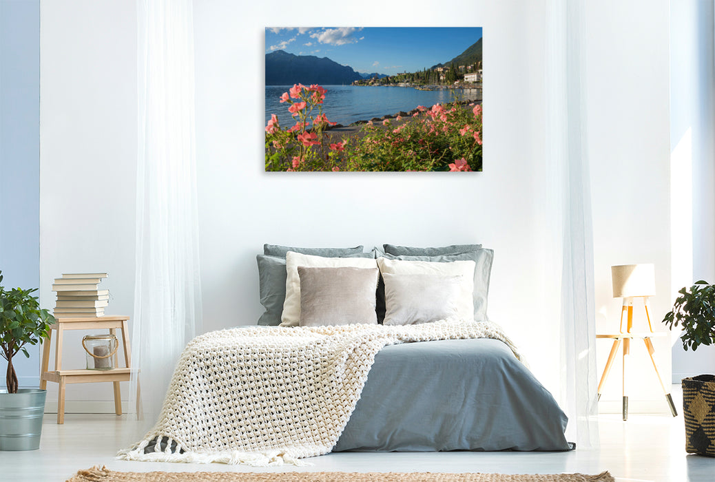 Premium textile canvas Premium textile canvas 120 cm x 80 cm landscape Picturesque lakeside Malcesine 