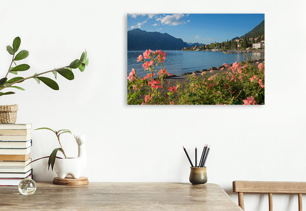 Premium textile canvas Premium textile canvas 120 cm x 80 cm landscape Picturesque lakeside Malcesine 