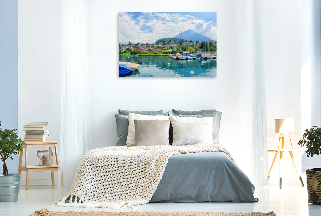 Premium textile canvas Premium textile canvas 120 cm x 80 cm across Spiez harbor on Lake Thun 