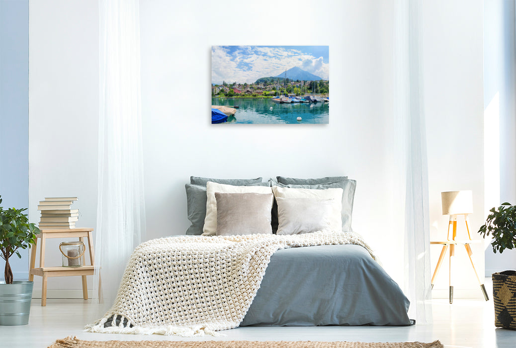 Premium textile canvas Premium textile canvas 120 cm x 80 cm across Spiez harbor on Lake Thun 