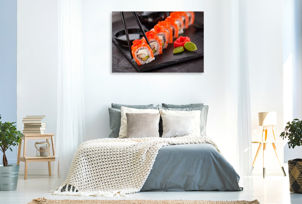 Toile textile premium Toile textile premium 120 cm x 80 cm paysage Un motif du calendrier Sashimi et Sushi. Les délices du Japon 