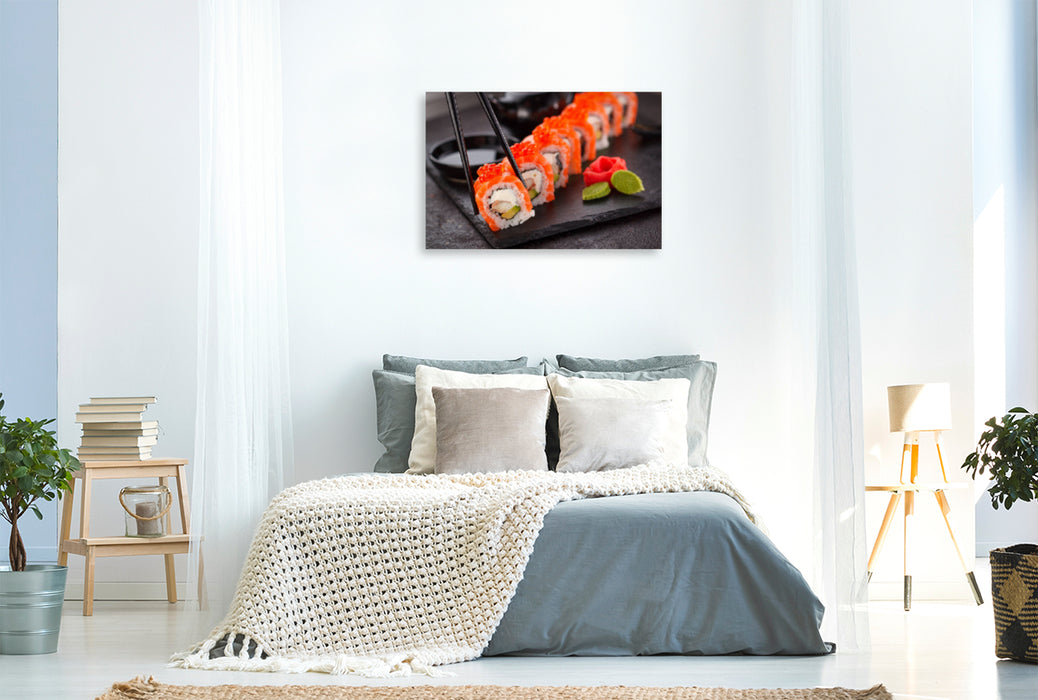 Premium Textil-Leinwand Premium Textil-Leinwand 120 cm x 80 cm quer Ein Motiv aus dem Kalender Sashimi und Sushi. Japans Köstlichkeiten