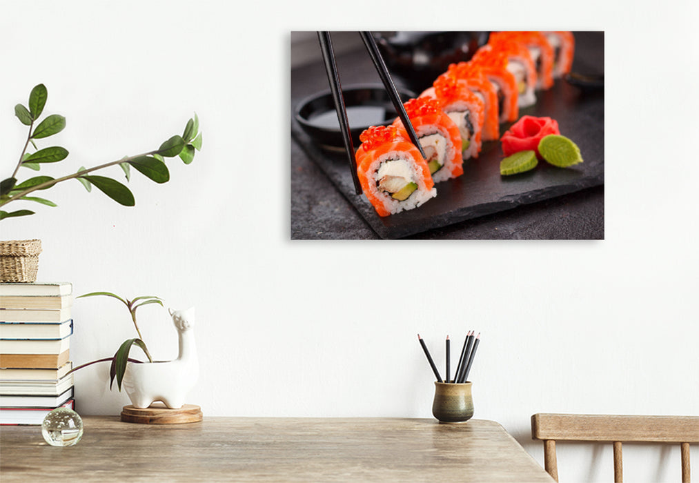 Toile textile premium Toile textile premium 120 cm x 80 cm paysage Un motif du calendrier Sashimi et Sushi. Les délices du Japon 