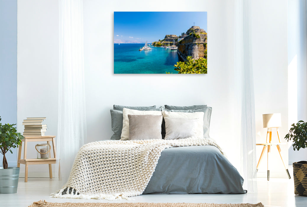 Premium textile canvas Premium textile canvas 120 cm x 80 cm landscape city harbor on Corfu 
