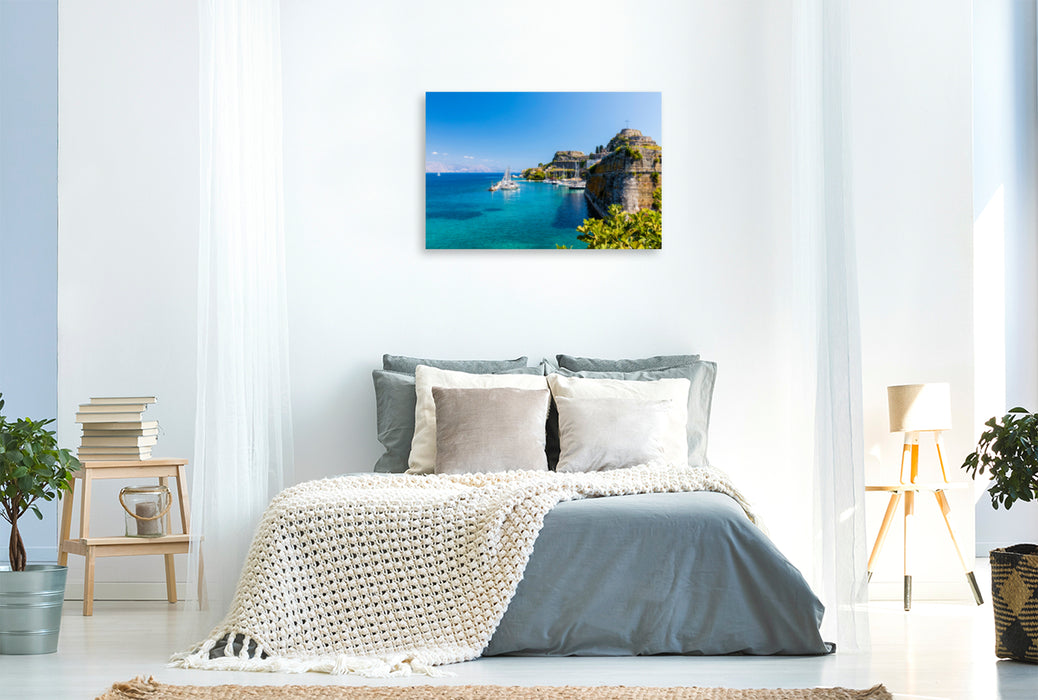 Premium textile canvas Premium textile canvas 120 cm x 80 cm landscape city harbor on Corfu 