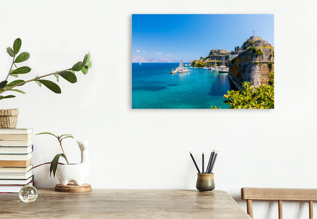 Premium textile canvas Premium textile canvas 120 cm x 80 cm landscape city harbor on Corfu 