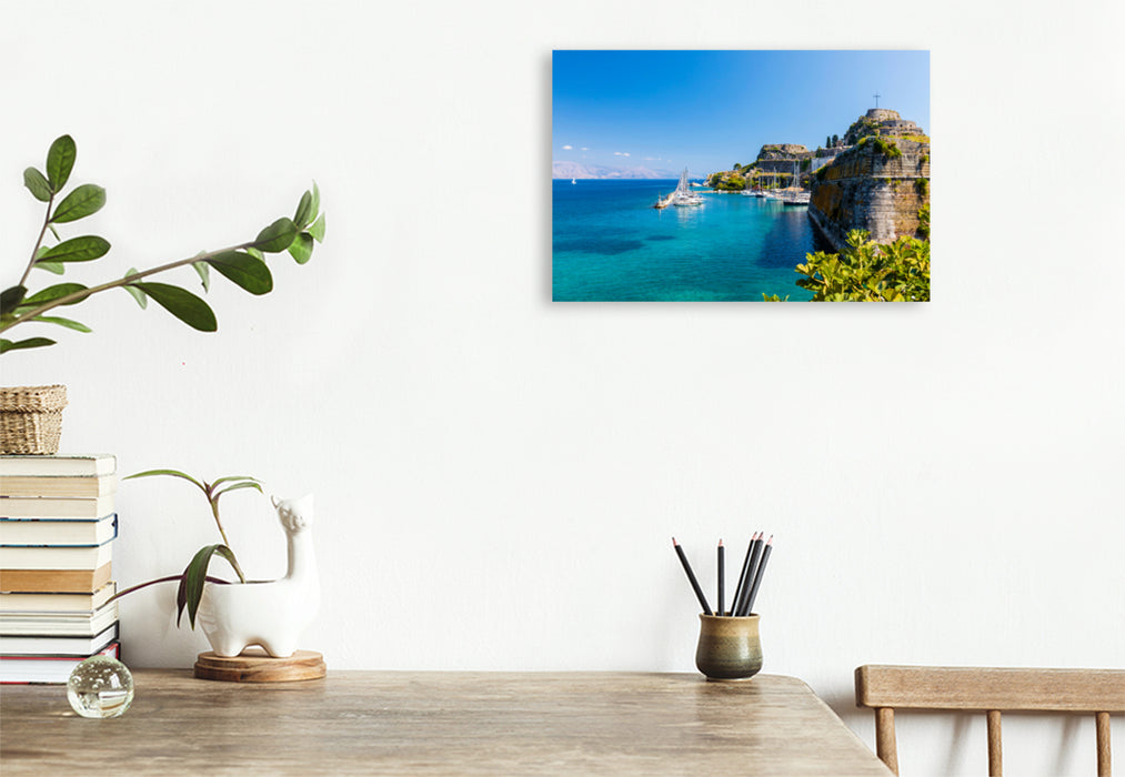 Premium textile canvas Premium textile canvas 120 cm x 80 cm landscape city harbor on Corfu 