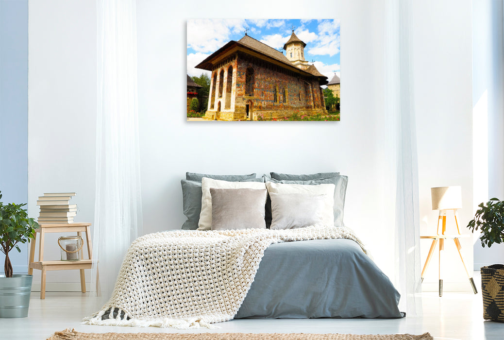 Premium textile canvas Premium textile canvas 120 cm x 80 cm landscape Moldovita Monastery 