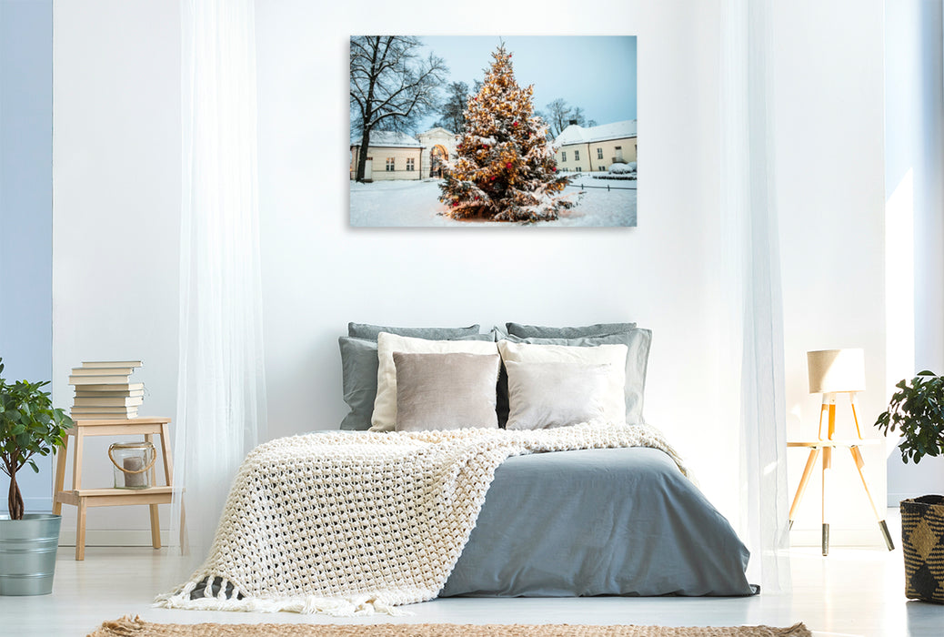 Premium Textil-Leinwand Premium Textil-Leinwand 120 cm x 80 cm quer Zu Weihnachten leuchtet der Weihnachtsbaum vor dem Schloß