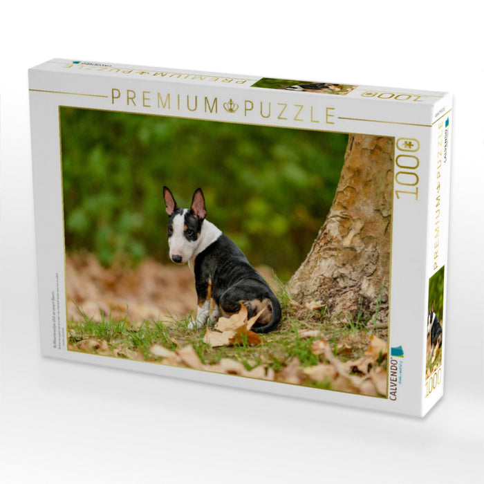 Bulllterrierwelpe sitzt an einem Baum - CALVENDO Foto-Puzzle'