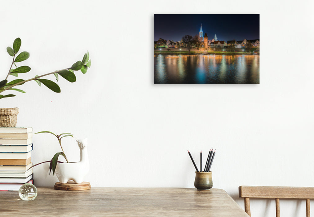 Premium textile canvas Premium textile canvas 120 cm x 80 cm across the banks of the Danube, Metzgerturm and Ulm Minster 