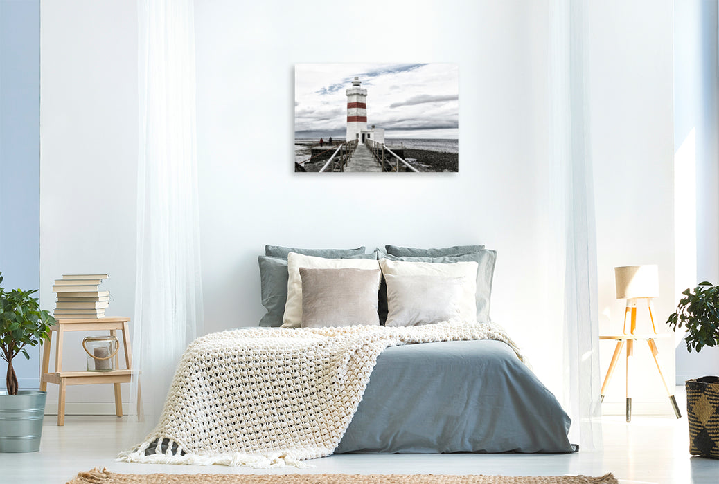 Premium textile canvas Premium textile canvas 120 cm x 80 cm landscape The old and beautiful lighthouse of Gardur on Iceland 