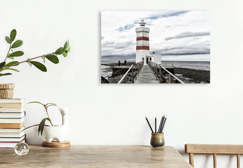 Premium textile canvas Premium textile canvas 120 cm x 80 cm landscape The old and beautiful lighthouse of Gardur on Iceland 