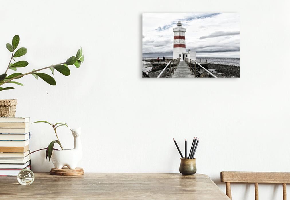 Premium textile canvas Premium textile canvas 120 cm x 80 cm landscape The old and beautiful lighthouse of Gardur on Iceland 