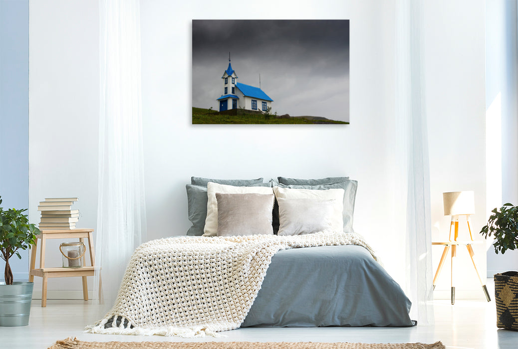 Premium Textil-Leinwand Premium Textil-Leinwand 120 cm x 80 cm quer Blau wie der Himmel. Die Kirche von Stödvarfjördur, Island