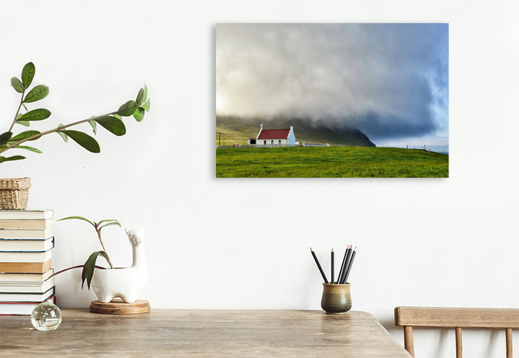 Premium textile canvas Premium textile canvas 120 cm x 80 cm landscape Weather front on Iceland. The church of Sæból in the Westfjords. 