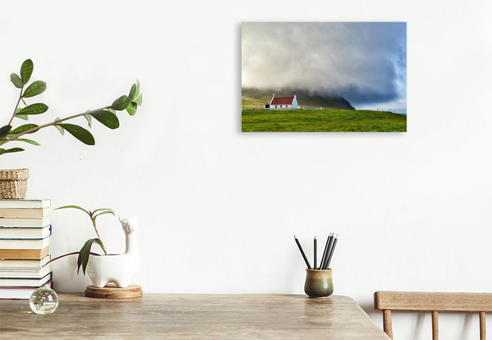 Premium textile canvas Premium textile canvas 120 cm x 80 cm landscape Weather front on Iceland. The church of Sæból in the Westfjords. 