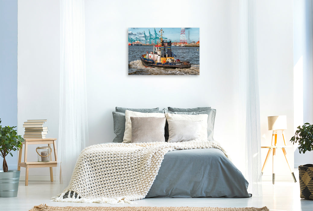 Premium textile canvas Premium textile canvas 120 cm x 80 cm landscape Tugboat harbor Antwerp 