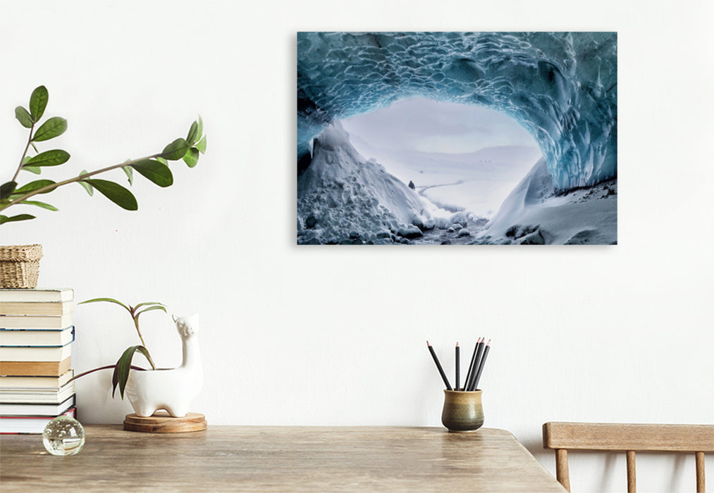 Premium textile canvas Premium textile canvas 90 cm x 60 cm across The Gigjökull glacier tunnel on Iceland 