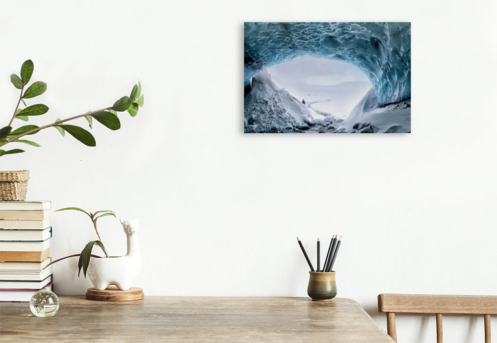 Premium textile canvas Premium textile canvas 90 cm x 60 cm across The Gigjökull glacier tunnel on Iceland 