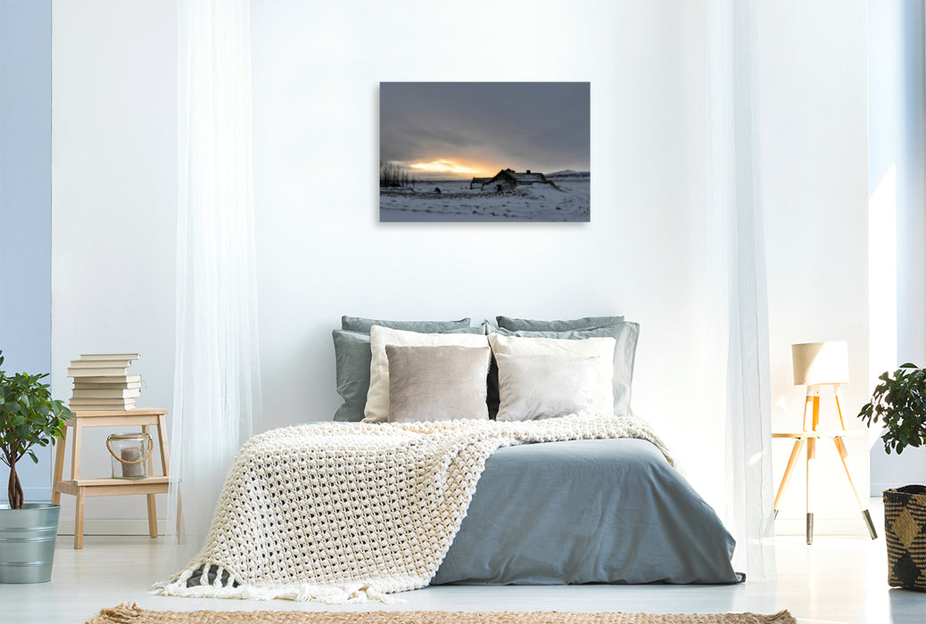 Premium textile canvas Premium textile canvas 120 cm x 80 cm landscape Winter dream on Iceland with Viking house 