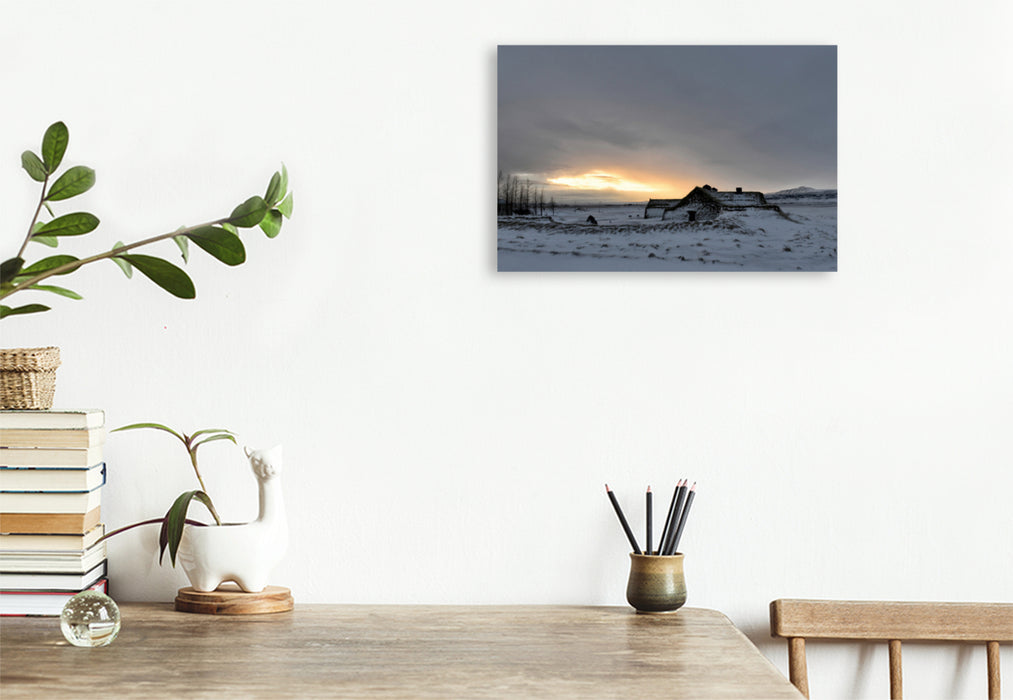 Premium textile canvas Premium textile canvas 120 cm x 80 cm landscape Winter dream on Iceland with Viking house 