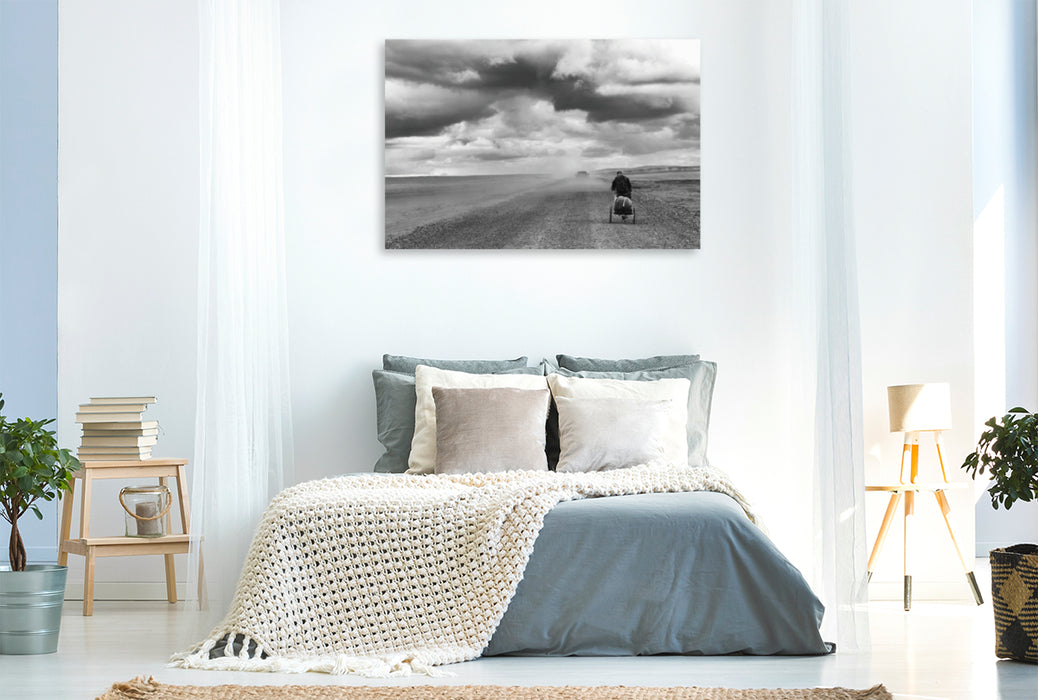 Premium textile canvas Premium textile canvas 120 cm x 80 cm landscape The man with the monowalker - I have time. 