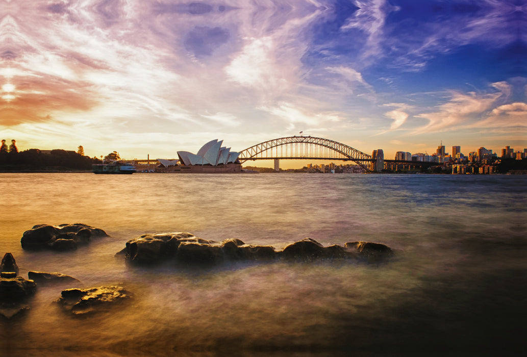 Premium Textil-Leinwand Abendstimmung am Ufer von Sydney