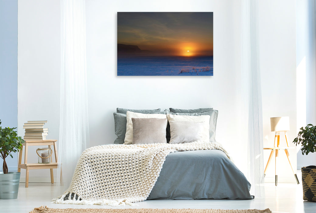 Premium Textil-Leinwand Premium Textil-Leinwand 120 cm x 80 cm quer Sonnenaufgang im Winter bei Hveragerði auf Island