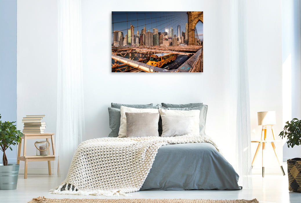 Premium Textil-Leinwand Premium Textil-Leinwand 120 cm x 80 cm quer Auf der Brooklyn Bridge mit Blick auf Skyline Manhattan