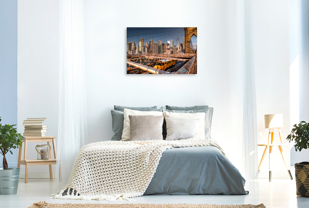 Premium textile canvas Premium textile canvas 120 cm x 80 cm landscape On the Brooklyn Bridge with a view of the Manhattan skyline 