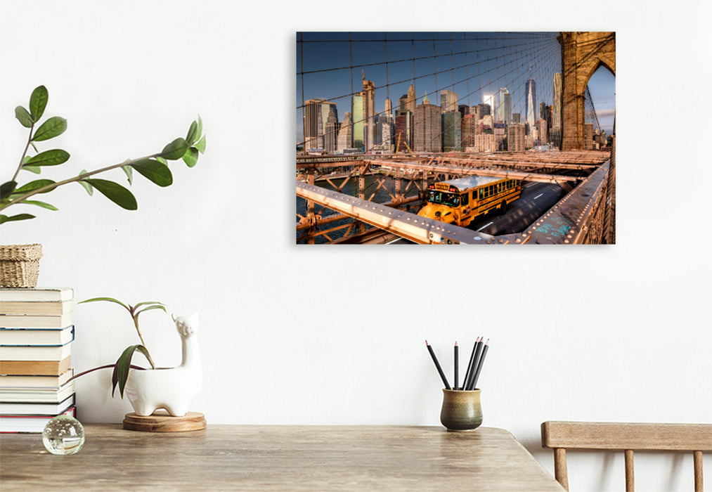 Premium Textil-Leinwand Premium Textil-Leinwand 120 cm x 80 cm quer Auf der Brooklyn Bridge mit Blick auf Skyline Manhattan