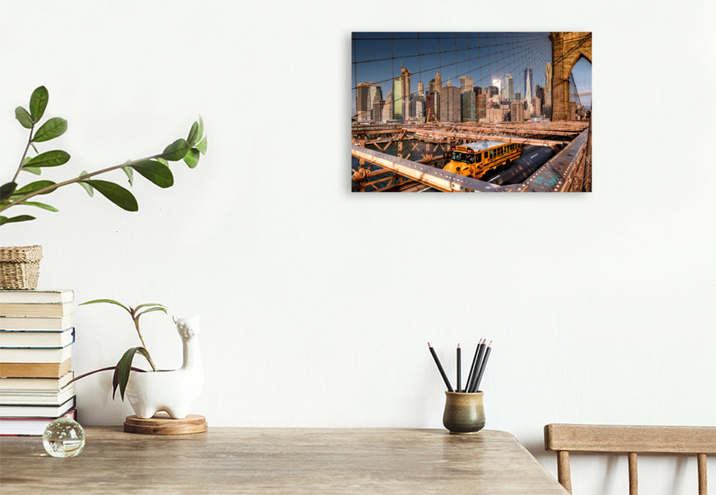 Premium Textil-Leinwand Premium Textil-Leinwand 120 cm x 80 cm quer Auf der Brooklyn Bridge mit Blick auf Skyline Manhattan