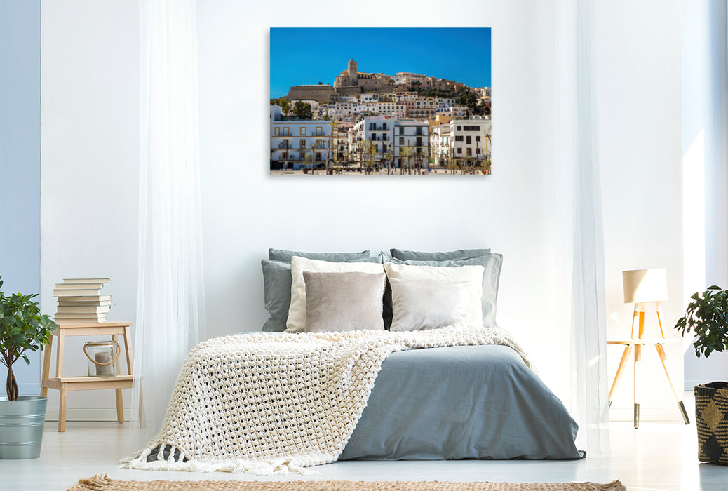 Premium textile canvas Premium textile canvas 120 cm x 80 cm across Sa Penya with the Cathedral of Ibiza 