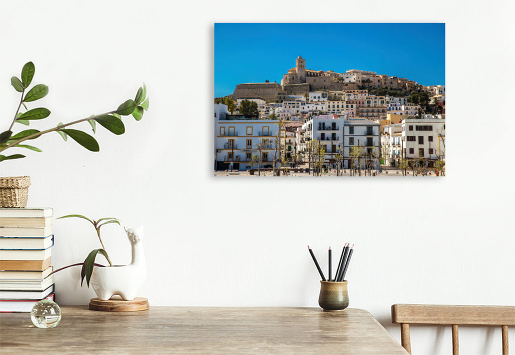 Premium textile canvas Premium textile canvas 120 cm x 80 cm across Sa Penya with the Cathedral of Ibiza 