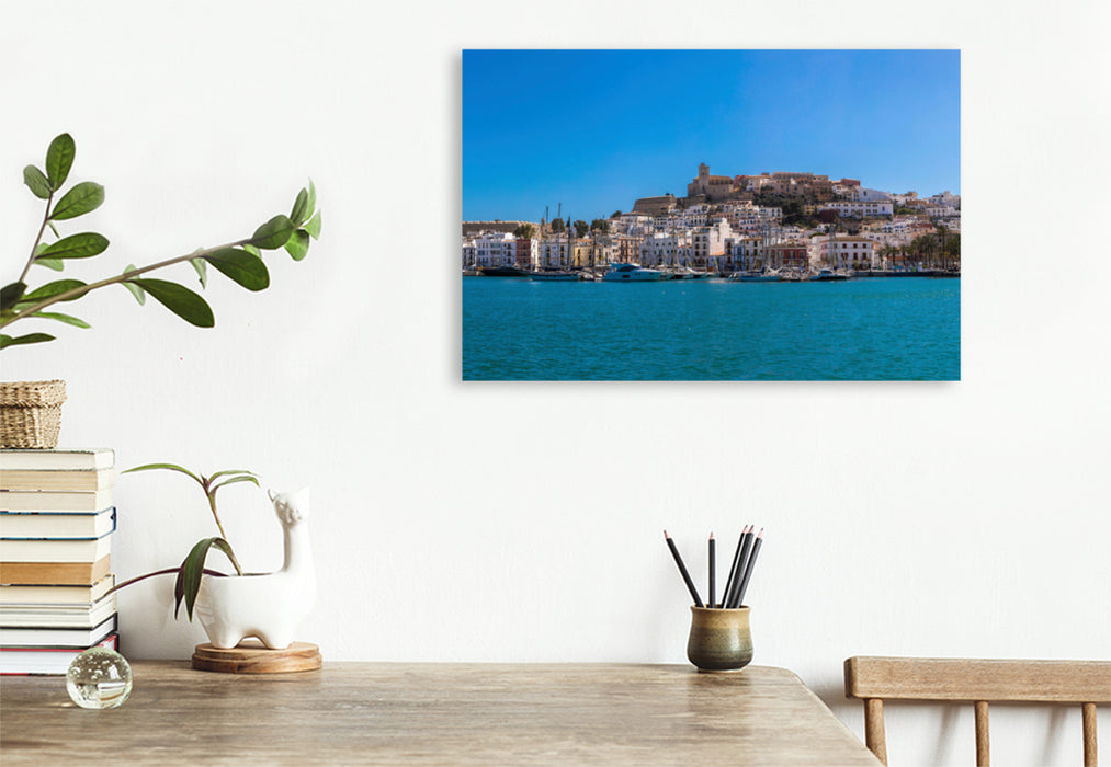 Premium textile canvas Premium textile canvas 120 cm x 80 cm landscape Ibiza town marina 