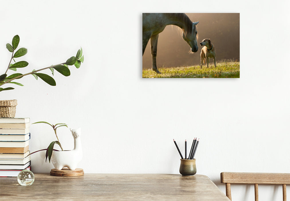 Premium textile canvas Premium textile canvas 120 cm x 80 cm landscape horse and dog in September fog 