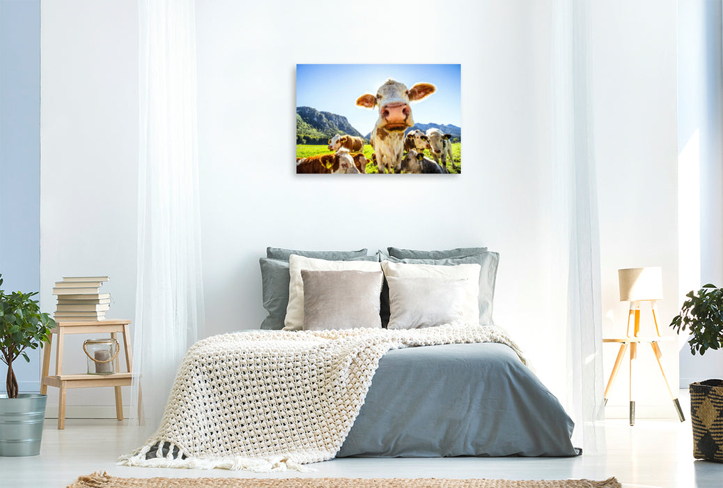 Premium textile canvas Premium textile canvas 120 cm x 80 cm landscape Bavarian cow 