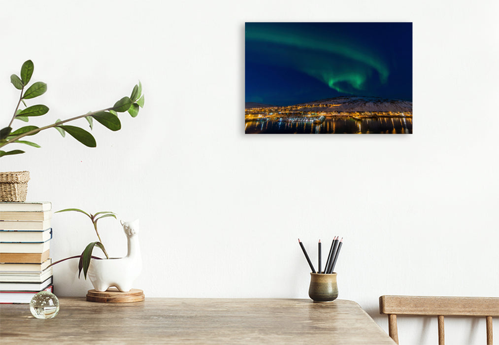 Premium textile canvas Premium textile canvas 120 cm x 80 cm landscape blue hour northern lights, Norway 