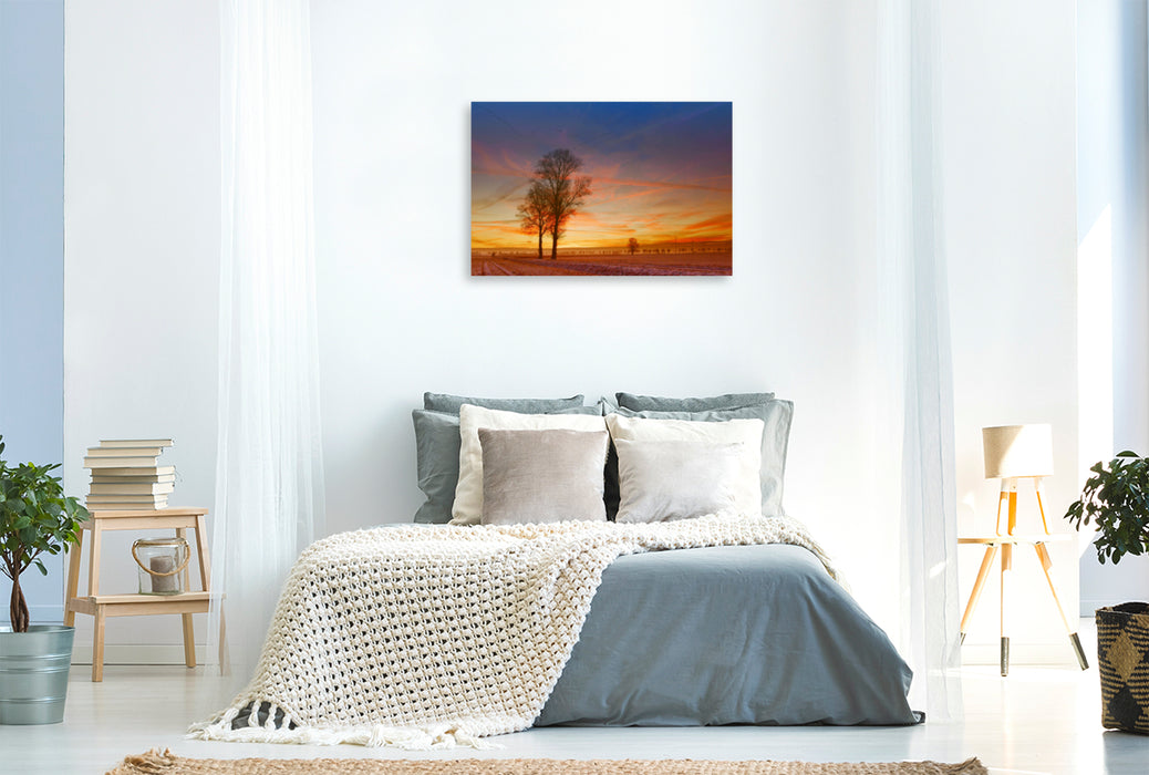 Premium textile canvas Premium textile canvas 120 cm x 80 cm landscape Sunrise in winter, fields in the Diepholz district 