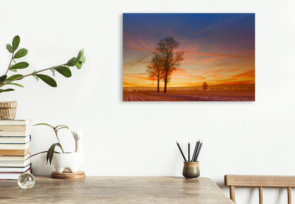 Premium textile canvas Premium textile canvas 120 cm x 80 cm landscape Sunrise in winter, fields in the Diepholz district 