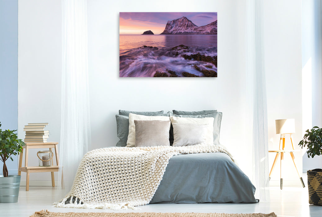 Premium Textil-Leinwand Premium Textil-Leinwand 120 cm x 80 cm quer Haukland Beach, Lofoten