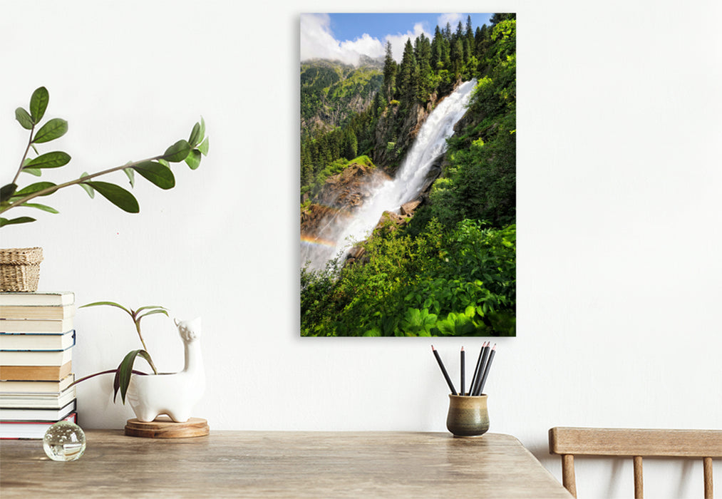 Premium textile canvas Premium textile canvas 50 cm x 75 cm high Krimml waterfall with rainbow. Hohe Tauern in the Salzburger Land Austria. 